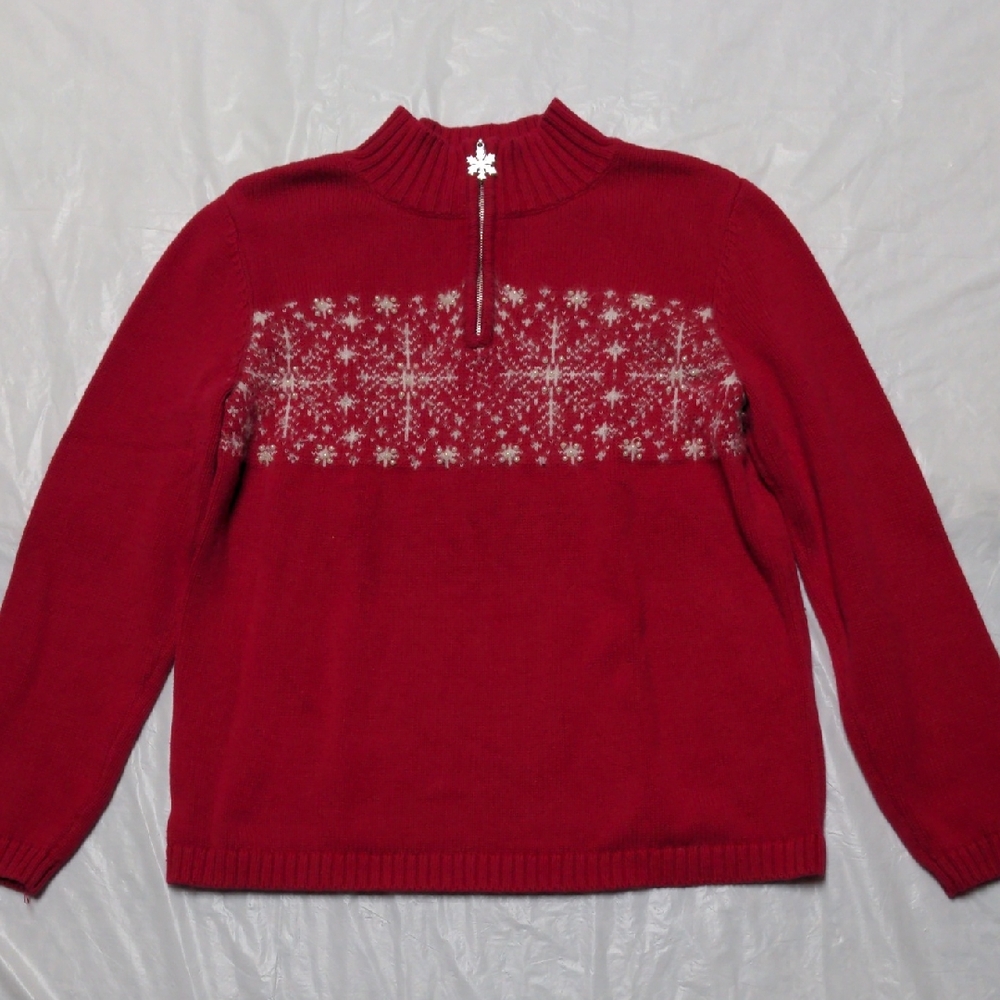Vintage 90s Red Wool Blend Christmas Snowflake Minimalist 1/4 Zip Sweater Sz P/M